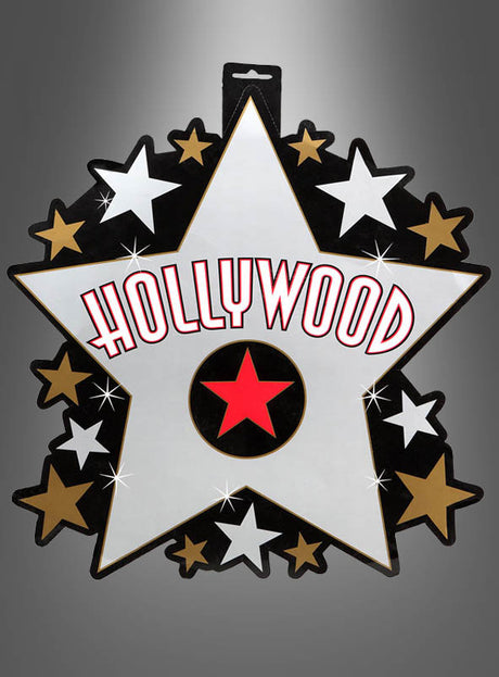 Ein großer weißer Stern mit der roten Aufschrift „HOLLYWOOD“, umgeben von kleineren schwarzen, weißen und goldenen Sternen auf einem grauen Hintergrund mit Farbverlauf – perfekt als „Hollywood Stern Deko 40 x 38 cm“ für Ihre glamouröse Hollywood-Party oder Filmstar-Party.