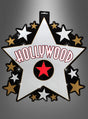 Ein großer weißer Stern mit der roten Aufschrift „HOLLYWOOD“, umgeben von kleineren schwarzen, weißen und goldenen Sternen auf einem grauen Hintergrund mit Farbverlauf – perfekt als „Hollywood Stern Deko 40 x 38 cm“ für Ihre glamouröse Hollywood-Party oder Filmstar-Party.
