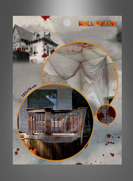 Verpackungsabbildung: Blutiger Dekostoff 183 x 76 cm für Halloween, drapiert im Innenbereich und an einem Verandageländer, mit Motiven eines Spukhauses und Blutspritzern im Hintergrund. Perfekt als blutiger Dekostoff für Ihre Zombie-Party. Die Größe beträgt 183 x 76 cm.
