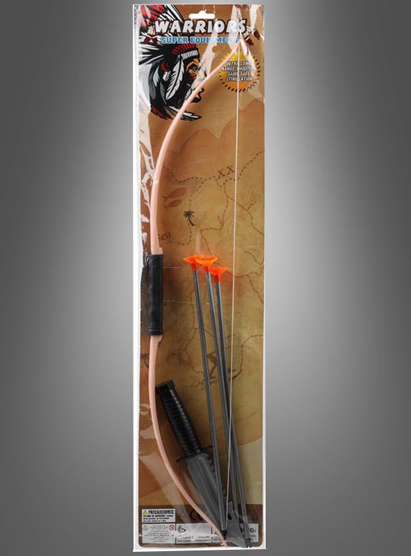Bogen-Set mit Pfeilen und Messer, bestehend aus einem Bogen, drei Pfeilen mit Saugnäpfen, einem Messer und einer Zielscheibenkarte im Hintergrund – ideal als Bogen- und Pfeil-Set für Indianerfeste oder als Ergänzung zum Kinderkostüm. Alle Teile sind in einer Kunststoff-Blisterverpackung enthalten.