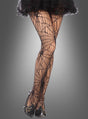 Eine Frau, die eine schwarze „Deluxe Spinnen“-Strumpfhose mit Spinnennetzmuster, schwarze Schnallenschuhe und einen schwarzen Rüschenrock trägt, steht vor einem grauen Hintergrund mit Farbverlauf – der ideale letzte Schliff für jedes Halloween-Kostüm.