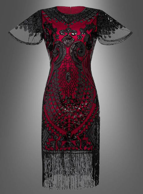 20er-Jahre-Kleid mit kurzen Ärmeln und Pailletten – „Grace“ in Rot mit schwarzer Paillettenverzierung, transparenten kurzen Ärmeln und Fransen am Saum, präsentiert vor einem neutralen Farbverlauf— ideal für alle, die ein glamouröses Paillettenkleid im Stil der 20er Jahre für die nächste Charleston-Party suchen.
