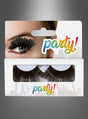 Künstliche Wimpern in einer Verpackung mit der Aufschrift „Party!“, auf der ein Auge mit den „Lange Wimpern schwarz“ und im Hintergrund die Silhouetten von Partygästen abgebildet sind. Diese selbstklebenden künstlichen Wimpern sind perfekt, um jeder Feier einen dramatischen Touch zu verleihen.