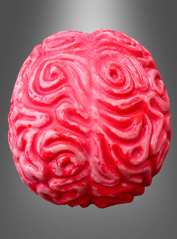 Ein schwabbeliges Gehirn in Pink und Rot für Halloween ist vor einem grauen Farbverlauf zu sehen – die perfekte Dekoration für deine nächste Horrorparty.