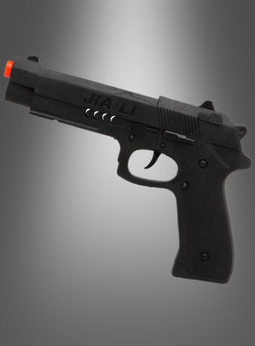 Die „Polizei-Waffe mit Sound“ – eine schwarze Spielzeugpistole mit orangefarbener Spitze und der Aufschrift „JIA LI“ – wird vor einem grau verlaufenden Hintergrund präsentiert und ist damit die ideale Spielzeugpistole für Ihr nächstes Karnevalskostüm.