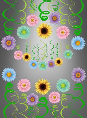 Die Sommerparty-Blumendekoration „Swirls“ zeigt farbenfrohe Blumen wie Sonnenblumen und Gänseblümchen, die in Reihen angeordnet sind, ergänzt durch grüne Zierwirbel vor einem grauen Hintergrund mit Farbverlauf – perfekt für lebhafte Blumendekorationen oder als fröhliche Dekoration für Ihre Sommerparty.