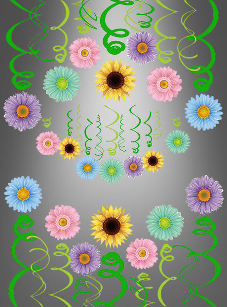 Die Sommerparty-Blumendekoration „Swirls“ zeigt farbenfrohe Blumen wie Sonnenblumen und Gänseblümchen, die in Reihen angeordnet sind, ergänzt durch grüne Zierwirbel vor einem grauen Hintergrund mit Farbverlauf – perfekt für lebhafte Blumendekorationen oder als fröhliche Dekoration für Ihre Sommerparty.