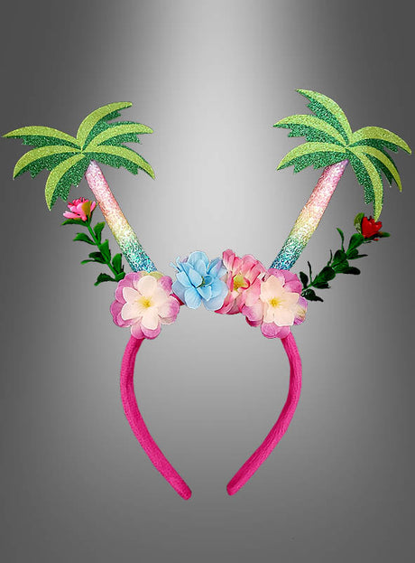 Der rosa Haarreif „Südseetraum mit Blumen“, verziert mit glitzernden Palmenornamenten und leuchtenden Kunstblumen, ist das perfekte Accessoire für eine Hawaii-Party oder als Kostümzubehör und kommt vor einem grauen Hintergrund mit Farbverlauf besonders gut zur Geltung.
