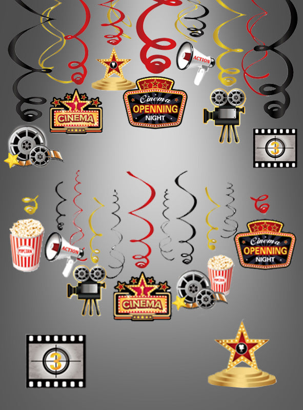 Schaffen Sie die perfekte Kulisse für eine unvergessliche Hollywood-Mottoparty mit Partydekorationen zum Thema Film, darunter Filmrollen, Popcorn-Schachteln, Regiesprechrohre, Hollywood-Stars und „Opening Night“-Schilder. Die Hollywood-Film-Deko-Swirls „Kinoabend“ in elegantem Rot, Schwarz und Gold heben sich anmutig vom grauen Hintergrund ab – die perfekte Filmparty-Dekoration, um Ihrer Feier ein glamouröses Flair zu verleihen.