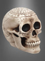 Ein Totenkopf mit magischen Symbolen, auf dessen Oberfläche astrologische Zeichen und Gravuren eingearbeitet sind, präsentiert sich vor einem sanften Grauverlauf – ein auffälliger Gothic-Totenkopf, ideal als Halloween-Dekoration oder für Sammler mystischer Schädelobjekte.