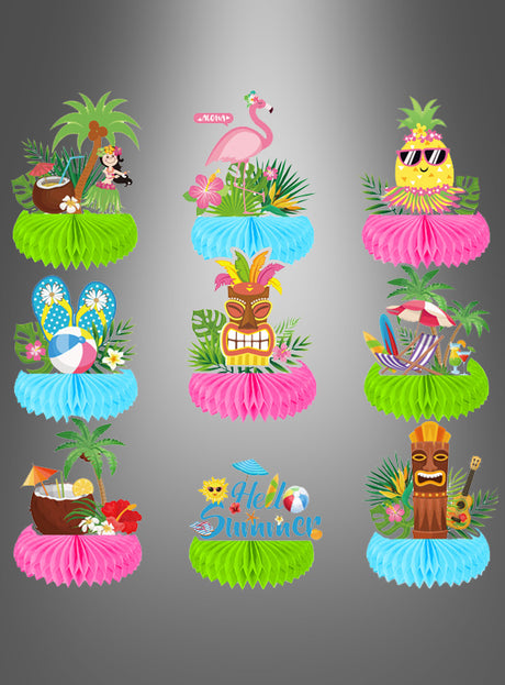 Das „Hawaii Beachparty“-Tischdekorations-Set „Waben“ (9 Stück) umfasst neun farbenfrohe, tropisch anmutende Tischdekorationen – ideal für die Tischdekoration Ihrer Hawaii-Party –, die Flamingos, Ananas, Tiki-Gesichter, Strandszenen und den Schriftzug „Hello Summer“ zeigen, alles in drei Reihen auf einem grauen Hintergrund mit Farbverlauf angeordnet.