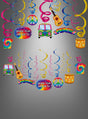 Verleihen Sie jeder Feier einen Retro-Touch mit dem Hippie Party Spiralen Deko-Set bunt, bestehend aus farbenfrohen Hängedekorationen, verziert mit lebhaften Wirbeln, Peace-Zeichen, Gitarren, Schlagzeugen, Tie-Dye-Shirts, Partybussen und dem verspielten Schriftzug „Peace, Love and Party“ auf einem stilvollen grauen Hintergrund mit Farbverlauf.