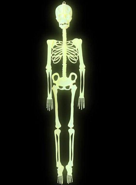 Nachtleuchtendes Skelett, 150 cm, Deko – ein leuchtendes Skelett auf schwarzem Hintergrund, nach vorne gerichtet mit ausgestreckten Armen und Beinen. Perfekt als Skelett-Dekoration für Ihre Halloween-Party oder als auffälliges Highlight in jeder Gruselkulisse.