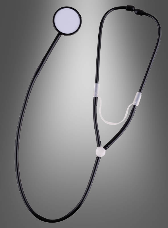 Ein schwarzes Arzt-Stethoskop als Kostümzubehör mit einem einzigen Bruststück wird vor einem schlichten Hintergrund mit Farbverlauf präsentiert und ist damit das perfekte Accessoire für jedes Arzt- oder Krankenschwester-Kostüm.
