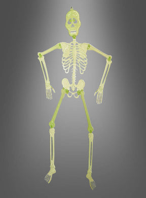Nachtleuchtendes Skelett, 90 cm, Halloween-Dekoration zum Aufhängen – eine originelle Skelett-Dekoration vor einem grauen Hintergrund mit Farbverlauf – perfekt als auffällige Halloween-Dekoration.