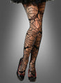 Eine Person, die die schwarze Strumpfhose „Fledermaus“ mit Spinnennetzmuster und schwarze High Heels mit rotem Rand trägt und vor einem grauen Hintergrund mit Farbverlauf steht – perfekt, um Ihrer Halloween-Strumpfhosen-Kollektion einen geheimnisvollen Touch zu verleihen.