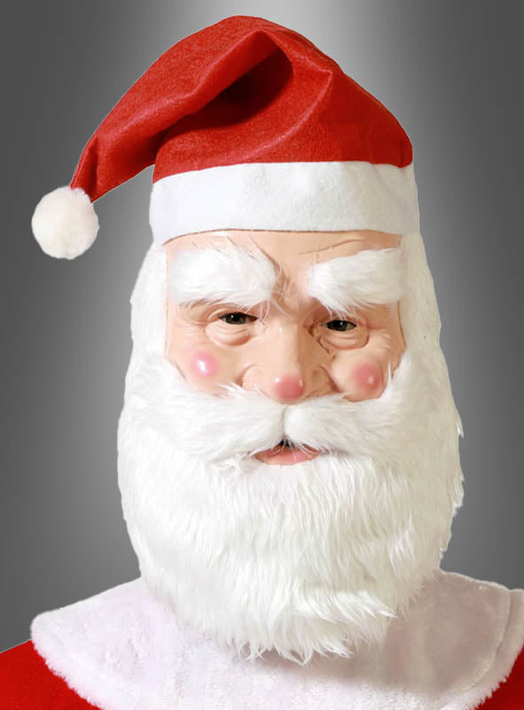Eine Person, die die „Weihnachtsmann-Maske und -Mütze“ trägt – mit weißem Bart, roter Mütze und weißen Augenbrauen –, vor einem einfarbigen grauen Hintergrund.
