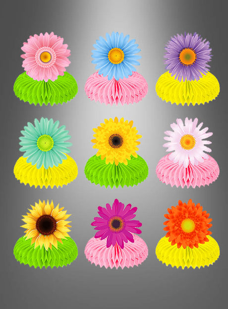Neun farbenfrohe Papierblumen mit Wabenbasis sind in einem 3×3-Raster auf einem grauen Hintergrund mit Farbverlauf angeordnet und präsentieren das „Sommerparty Tischdeko Blumen Set 9 Stück“ – eine lebhafte Dekoration, die sich perfekt für Partydekorationen oder sommerliche Tischgestaltungen eignet.