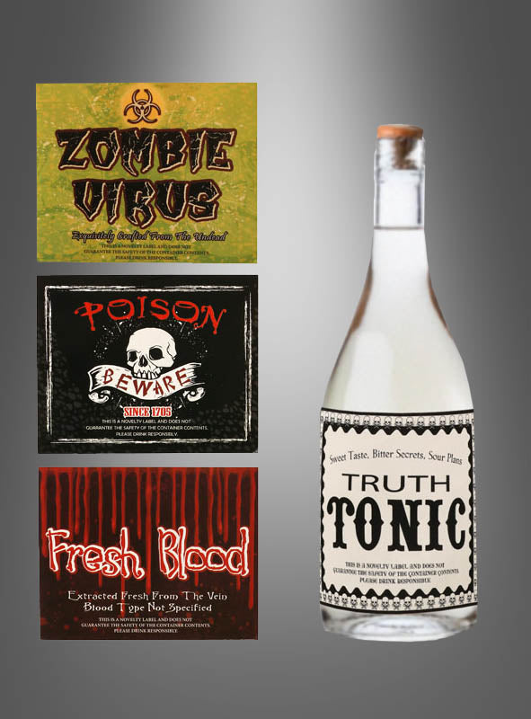 Es werden vier gruselige Etiketten für die Halloween-Flaschendekoration gezeigt, darunter die Aufschriften „Zombie-Virus“, „Gift“, „Frisches Blut“ und „Wahrheitstonic“ – perfekt als Halloween-Dekoration für Ihre Partytische oder Ihre Bar.