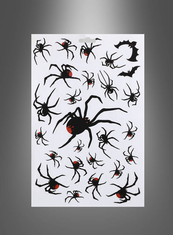 Bogen mit Spinnen-Aufklebern als Halloween-Dekoration mit schwarzen Spinnen und Fledermäusen mit roten Akzenten auf weißem Hintergrund – ideal, um jeder festlichen Kulisse eine gruselige Note zu verleihen.