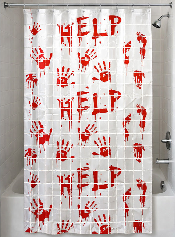 Der „Blutiger Duschvorhang 200 x 100 cm“ ist ein weißer Duschvorhang, der mit roten Handabdrücken und dem mehrfach aufgedruckten Wort „HELP“ im blutverschmierten Stil verziert ist. Damit ist er der perfekte Halloween-Duschvorhang, um jedem Horror-Badezimmer eine gruselige Atmosphäre zu verleihen.