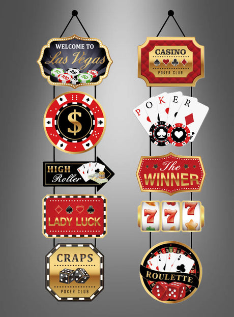 10er-Set Casino-Party-Schilder – zehn dekorative Schilder im Casino-Stil mit Motiven wie Karten, Pokerchips, Würfeln, Spielautomaten, Roulette-Rädern und Casino-bezogenen Texten auf grauem Hintergrund mit Farbverlauf. Perfekt als Las-Vegas-Dekoration oder Casino-Party-Deko, um Ihrer Feier authentisches Casino-Flair zu verleihen.