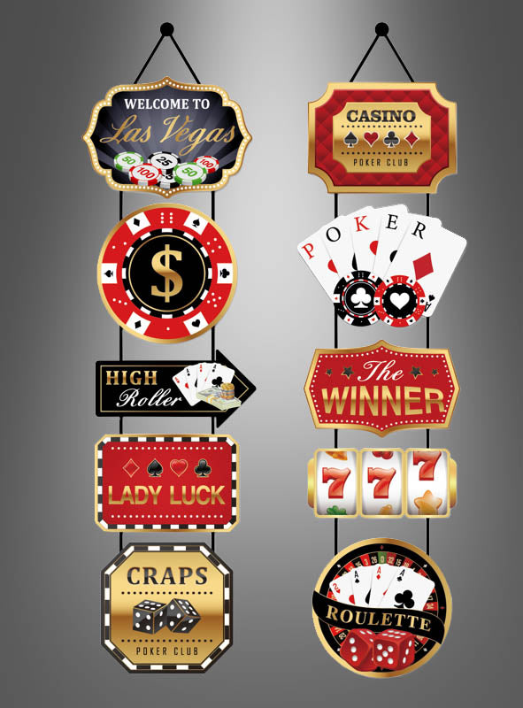 10er-Set Casino-Party-Schilder – zehn dekorative Schilder im Casino-Stil mit Motiven wie Karten, Pokerchips, Würfeln, Spielautomaten, Roulette-Rädern und Casino-bezogenen Texten auf grauem Hintergrund mit Farbverlauf. Perfekt als Las-Vegas-Dekoration oder Casino-Party-Deko, um Ihrer Feier authentisches Casino-Flair zu verleihen.