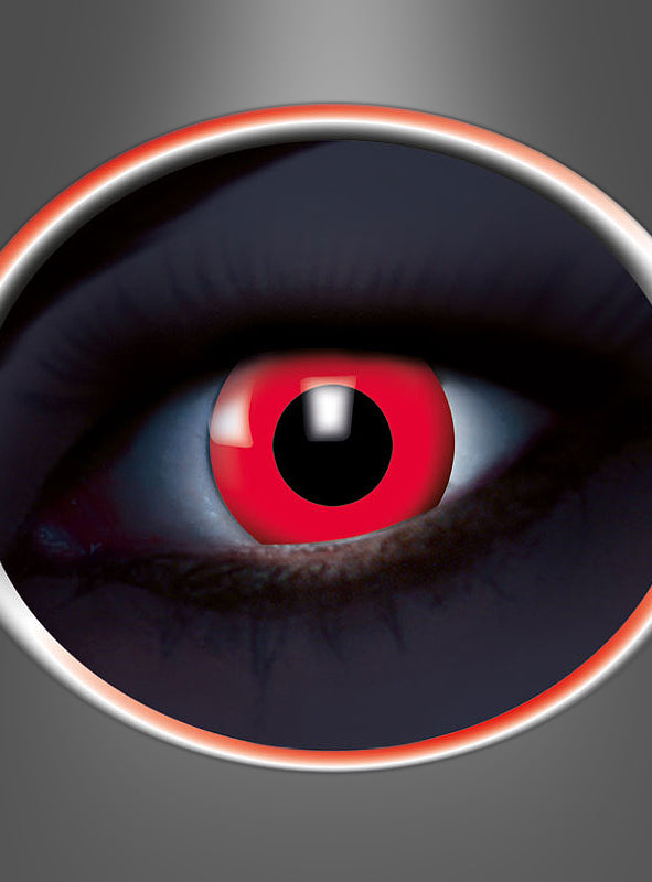 Eine Nahaufnahme eines menschlichen Auges mit einer leuchtend roten Iris und einer schwarzen Pupille, vor einem dunklen Hintergrund und von einem ovalen Rahmen umrandet. Der auffällige Effekt wird durch die farbigen Kontaktlinsen „3-Monatslinsen UV Flash Red“ erzielt, die das Aussehen des Auges dramatisch betonen.