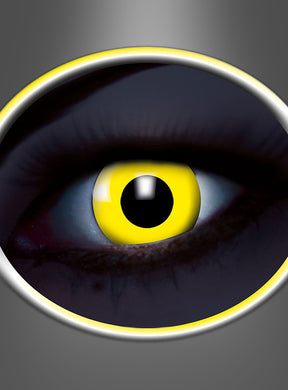 Eine Nahaufnahme eines menschlichen Auges mit einer auffälligen gelb-schwarzen Iris vor einem dunklen Hintergrund – perfekt, um die „3-Monatslinsen UV Flash Yellow“ – gelb gefärbte Kontaktlinsen – in Szene zu setzen, die einen intensiven und faszinierenden Blick zaubern.