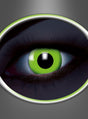 Eine Nahaufnahme eines menschlichen Auges mit einer leuchtend grünen Iris und einer schwarzen Pupille, hervorgehoben durch 3-Monatslinsen „UV Flash Green“, vor einem dunklen Hintergrund mit einem metallischen, kreisförmigen Rahmen.