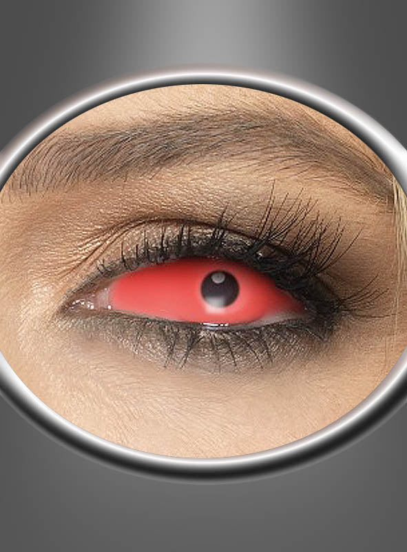 Eine Nahaufnahme eines menschlichen Auges mit starkem Make-up und einer digital verstärkten, leuchtend roten Sklera und Pupille – erzielt mit den „Sclera Rote Augen“-Kontaktlinsen –, eingerahmt von einem metallischen Kreis.