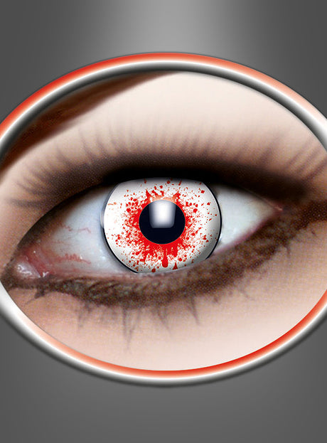 Eine Nahaufnahme eines menschlichen Auges mit einer digital bearbeiteten Iris, die ein spritzartiges rotes Muster aufweist, das an „Wochenlinsen Bloodshot blutig“ erinnert, eingerahmt von einem metallischen ovalen Rand auf einem grauen Hintergrund mit Farbverlauf.