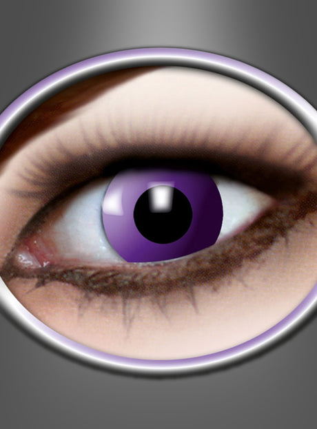 Eine Nahaufnahme eines menschlichen Auges mit violetter Iris, umrahmt von langen Wimpern und einem kreisförmigen Rand auf grauem Hintergrund – perfekt, um die 3-Monatslinsen „Purple Gothic Lila“ in Szene zu setzen, ideal für kreative Kostüme und besondere Anlässe.
