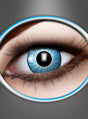 Eine Nahaufnahme eines blauen menschlichen Auges mit einer vergrößerten, runden schwarzen Pupille – hervorgehoben durch „Wochenlinsen Electro Blue“ Kontaktlinsen für einen auffälligen Karnevalslook – wird von einem metallischen, ovalen Rahmen vor grauem Hintergrund umrahmt.