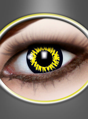 Eine Nahaufnahme eines menschlichen Auges mit schwarzer Iris und einem auffälligen gelben, gezackten Muster um die Pupille herum, umgeben von natürlichen Hauttönen – ideal für alle, die nach 3-Monats-Linsen „Werwolf gelb“ oder Effektkontaktlinsen für Halloween suchen, um einen intensiven und faszinierenden Blick zu erzielen.