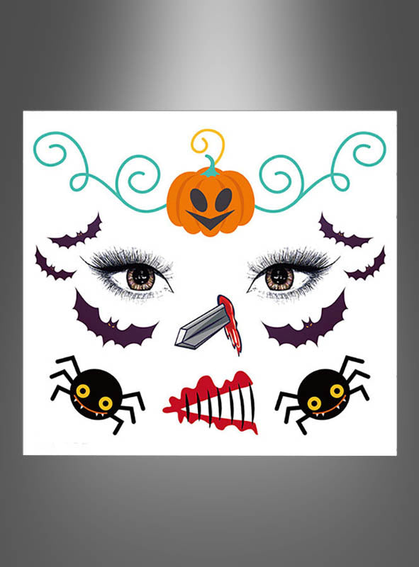 Wir stellen vor: das „Kinder Halloween Tattoo Kürbis“-Abziehbild – ein Make-up-Stickerbogen zum Thema Halloween mit festlichen Gesichtstattoos wie gruseligen Augen, Fledermausmotiven, Kürbissen, Spinnen, einem blutigen Messer und einem roten Skelett. Vor einem strahlend weißen Hintergrund eignet es sich ideal für Kinder, um lustige und gruselige Halloween-Looks zu kreieren!.