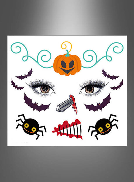 Wir stellen vor: das „Kinder Halloween Tattoo Kürbis“-Abziehbild – ein Make-up-Stickerbogen zum Thema Halloween mit festlichen Gesichtstattoos wie gruseligen Augen, Fledermausmotiven, Kürbissen, Spinnen, einem blutigen Messer und einem roten Skelett. Vor einem strahlend weißen Hintergrund eignet es sich ideal für Kinder, um lustige und gruselige Halloween-Looks zu kreieren!.