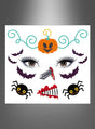 Wir stellen vor: das „Kinder Halloween Tattoo Kürbis“-Abziehbild – ein Make-up-Stickerbogen zum Thema Halloween mit festlichen Gesichtstattoos wie gruseligen Augen, Fledermausmotiven, Kürbissen, Spinnen, einem blutigen Messer und einem roten Skelett. Vor einem strahlend weißen Hintergrund eignet es sich ideal für Kinder, um lustige und gruselige Halloween-Looks zu kreieren!.