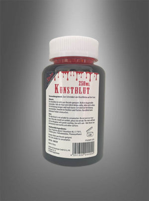 Eine 250-ml-Flasche Kunstblut mit weißem Verschluss, gefüllt mit leuchtendem Filmbblut (Kunstblut), ideal für Halloween, abgebildet vor einem grauen Hintergrund mit Farbverlauf.