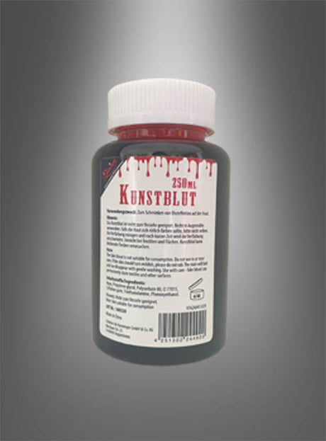 Eine 250-ml-Flasche Kunstblut mit weißem Verschluss, gefüllt mit leuchtendem Filmbblut (Kunstblut), ideal für Halloween, abgebildet vor einem grauen Hintergrund mit Farbverlauf.