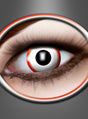 Ein menschliches Auge mit einem Baseball als Pupille und Iris, umgeben von einem metallischen, kreisförmigen Rahmen vor einem grau verlaufenden Hintergrund – perfekt, um die Wochenlinsen „Sägeblatt“, ideale Effektkontaktlinsen oder Motivlinsen für Halloween-Kontaktlinsen-Fans zu präsentieren.