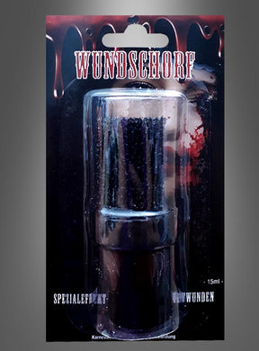 Eine 15-ml-Tube mit der Aufschrift „Wundschorf dickfüssiges Kunstblut Halloween-Schminke“, die mit dunklen, dramatischen Grafiken versehen ist und als Spezialeffekt-Schminke für künstliche Wunden und Kunstblut-Anwendungen vermarktet wird – perfekt für Ihr Halloween-Schmink-Set.