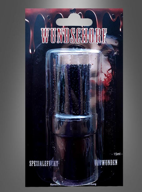 Eine 15-ml-Tube mit der Aufschrift „Wundschorf dickfüssiges Kunstblut Halloween-Schminke“, die mit dunklen, dramatischen Grafiken versehen ist und als Spezialeffekt-Schminke für künstliche Wunden und Kunstblut-Anwendungen vermarktet wird – perfekt für Ihr Halloween-Schmink-Set.
