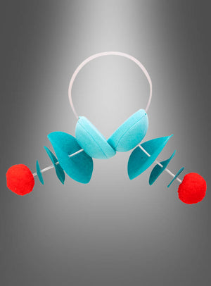 Ein Modell mit dem „Haarreif mit Alien-Antennen“ zeigt zwei rote Kugeln, mehrere blaue Scheiben und eine hellblaue Struktur in der Mitte, die an das „Alien-Antennen“-Design erinnert – alles vor einem grauen Hintergrund mit Farbverlauf.