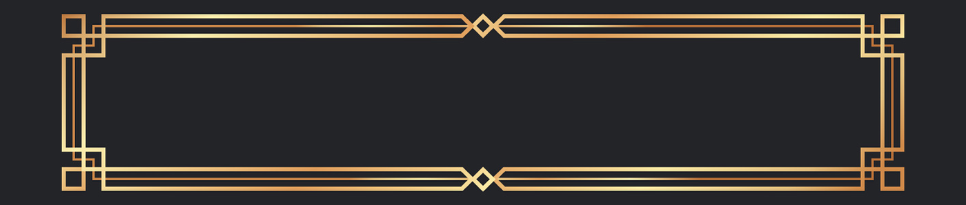 Ein rechteckiger, goldfarbener geometrischer Rahmen mit Art-Déco-Designelementen auf dunklem Hintergrund, wobei die Mitte frei bleibt, um Platz für Text oder Bilder zu bieten.