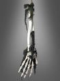 Ein hängender Skelettarm (40 cm), eine Halloween-Dekoration aus Kunststoff, baumelt in ein dunkles, zerfetztes Netz gehüllt herab und sorgt vor einem schlichten grauen Hintergrund für eine gruselige Atmosphäre.