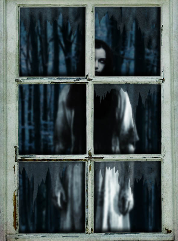 Ein beschlagenes Fenster mit sechs Scheiben gibt den Blick auf eine verschwommene Gestalt in Weiß frei – ähnlich der Fensterdekoration „Geisterfrau Spuk“ (120 x 80 cm) –, die draußen in einem dunklen, bewaldeten Gebiet steht und so die perfekte gruselige Fensterdekoration für Ihre Halloween-Dekoration bildet.