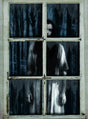 Ein beschlagenes Fenster mit sechs Scheiben gibt den Blick auf eine verschwommene Gestalt in Weiß frei – ähnlich der Fensterdekoration „Geisterfrau Spuk“ (120 x 80 cm) –, die draußen in einem dunklen, bewaldeten Gebiet steht und so die perfekte gruselige Fensterdekoration für Ihre Halloween-Dekoration bildet.