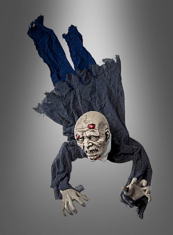 Ein „kriechender oder hängender Zombie, animiert mit Sound, 140 cm“ in zerfetzter schwarzer Kleidung, mit blassem Kopf, roten Augen und ausgestreckten Armen scheint vorwärts zu kriechen und sorgt vor einem grau verlaufenden Hintergrund für eine besonders gruselige Halloween-Dekoration.