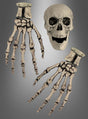 Das „Skelett Hände und Totenkopf Schädel“-Set, bestehend aus einem menschlichen Schädel und zwei Skeletthänden, wird vor einem grauen Hintergrund mit Farbverlauf präsentiert und verleiht jeder Halloween-Dekoration eine unheimliche und authentische Note.